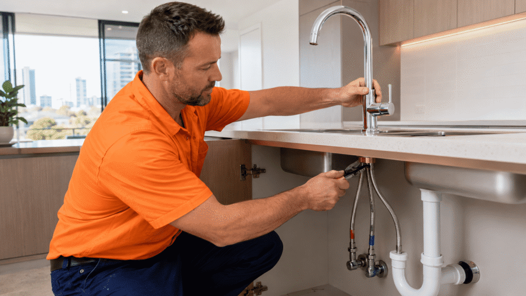 SBBM tradesman installing a kitchen sink mixer tap in a Brisbane home.
