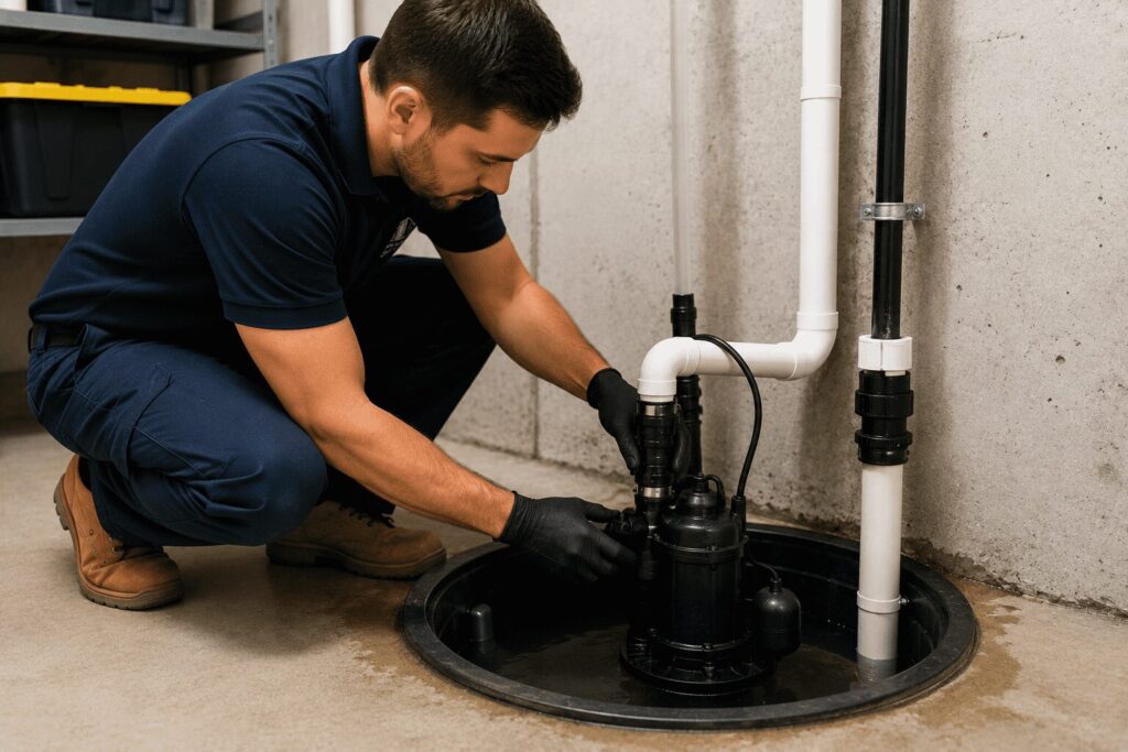 Technician inspecting and servicing a residential sump pump system in a basement to help prevent flooding and water damage.