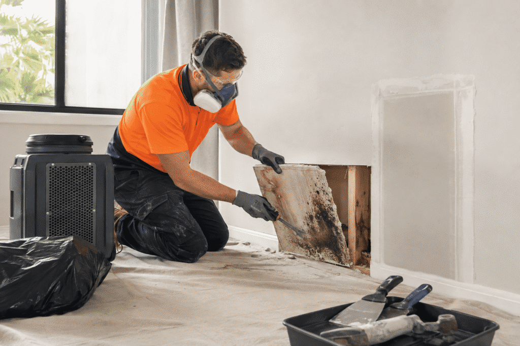 Tradesman removing water-damaged and mould-affected plasterboard from a wall in a Brisbane home