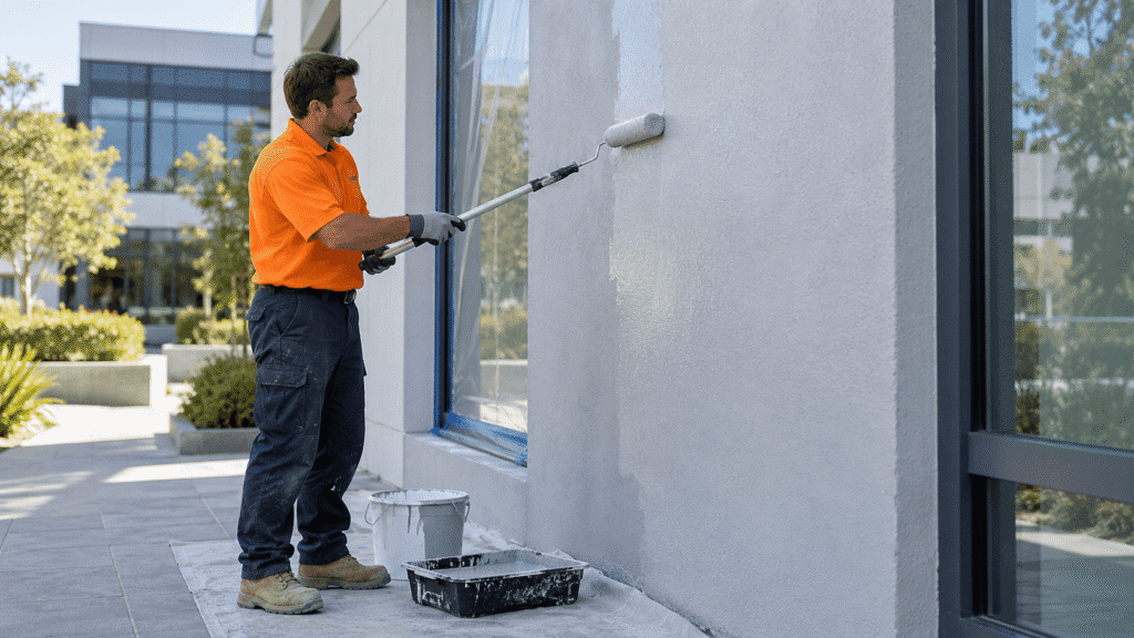Technician applying a waterproof coating to the rendered facade of a commercial building.