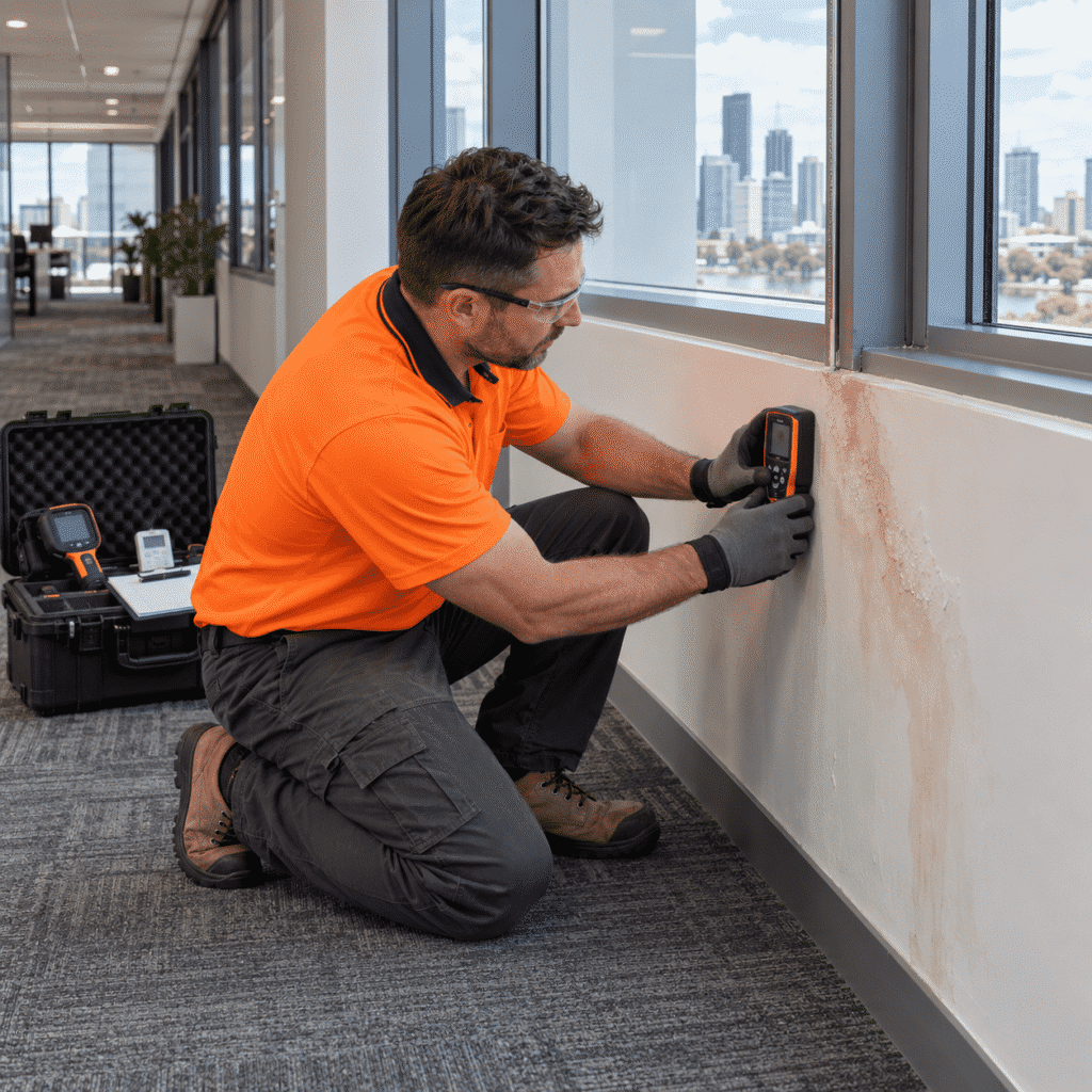 Inspector using thermal imaging and a moisture meter to assess water damage in a Brisbane commercial building
