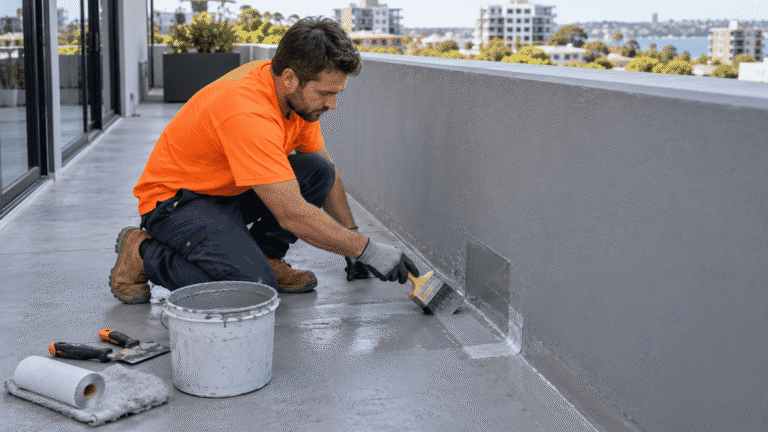 Technician repairing a terrace waterproof membrane with reinforcing fabric and liquid coating at the wall junction.