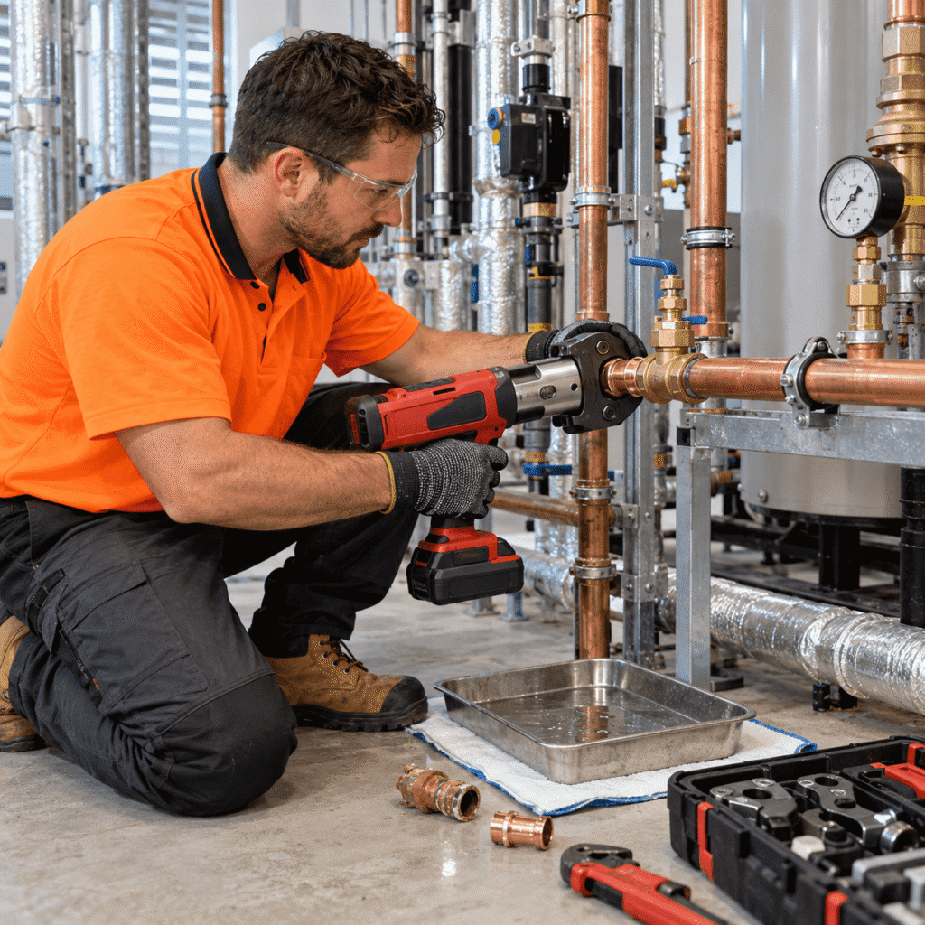 Tradesman repairing a leaking copper pipe joint in a Brisbane commercial plant room