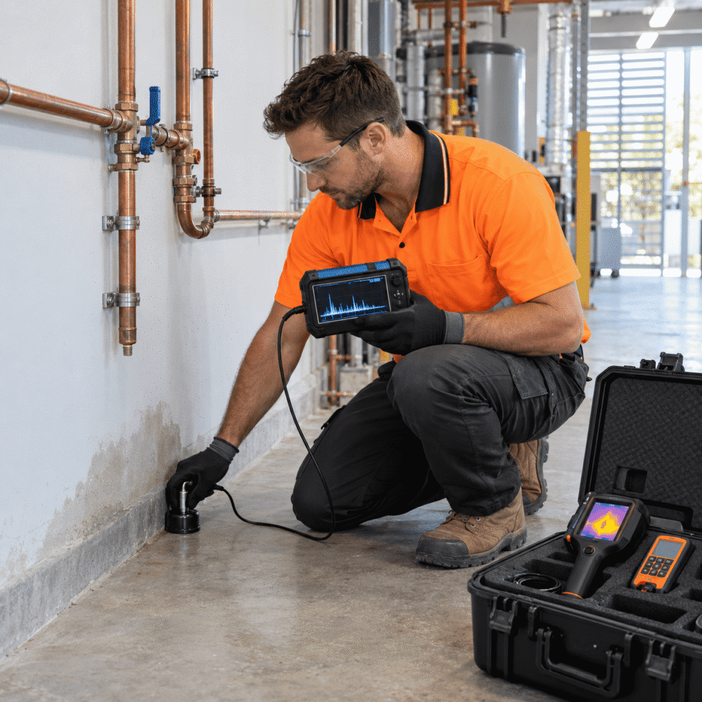 Technician using acoustic equipment to locate a hidden water leak in a Brisbane commercial building