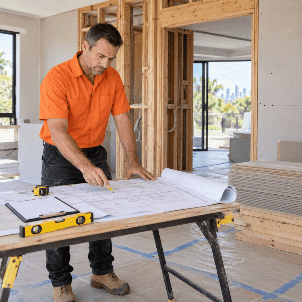 Construction manager reviewing building plans at a residential renovation in Brisbane