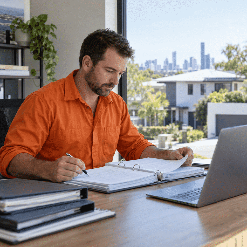 Contract administrator in an orange shirt reviewing building project documents at an office desk.