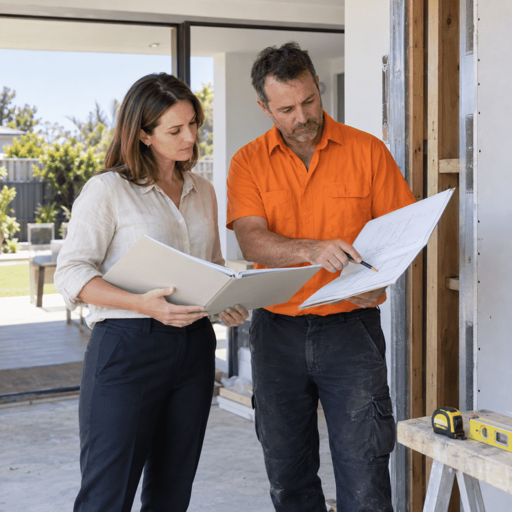 Building consultant reviewing plans and disputed workmanship with a property owner at a Brisbane renovation