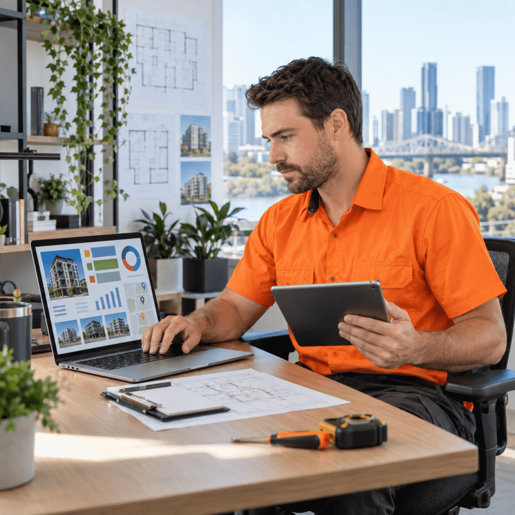 Building maintenance specialist using customised property management software in a Brisbane office