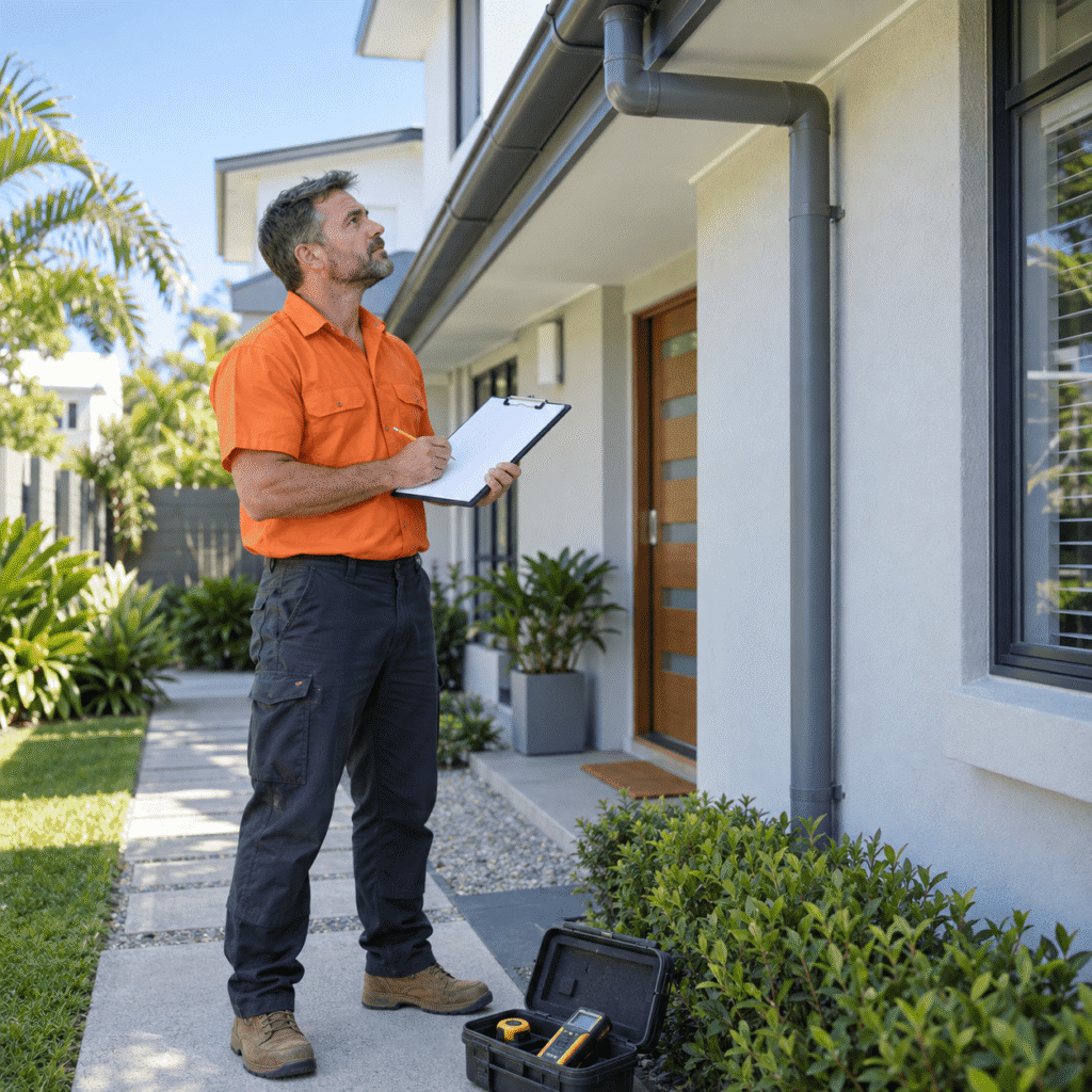 Building maintenance professional inspecting a Brisbane property while preparing a customised maintenance checklist
