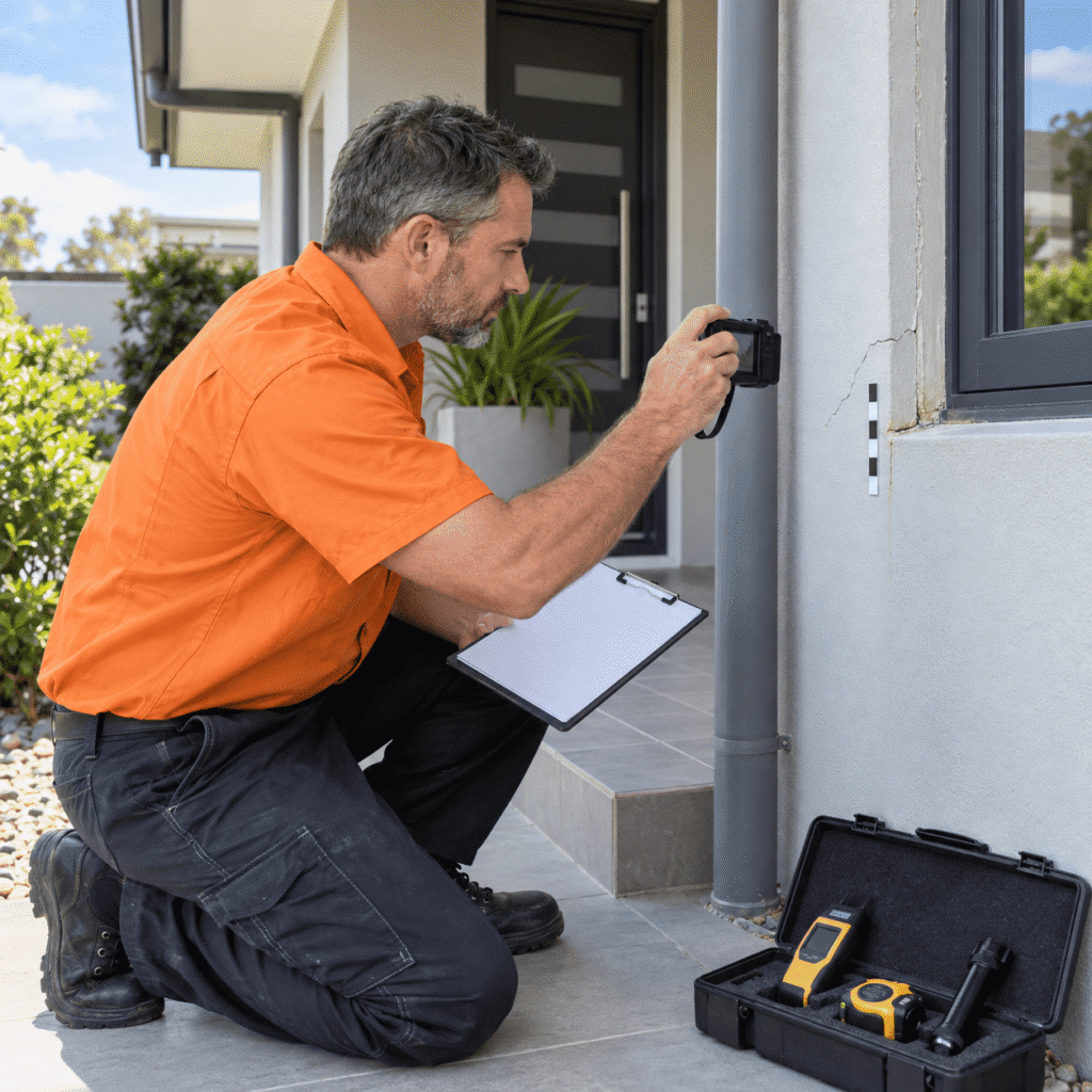 Maintenance auditor photographing and documenting a wall defect at a Brisbane property