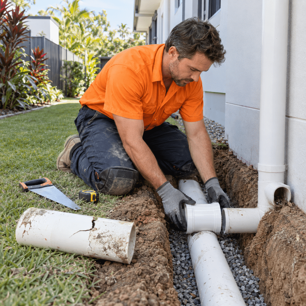 Drainage tradesman replacing a damaged underground drainpipe at a Brisbane home