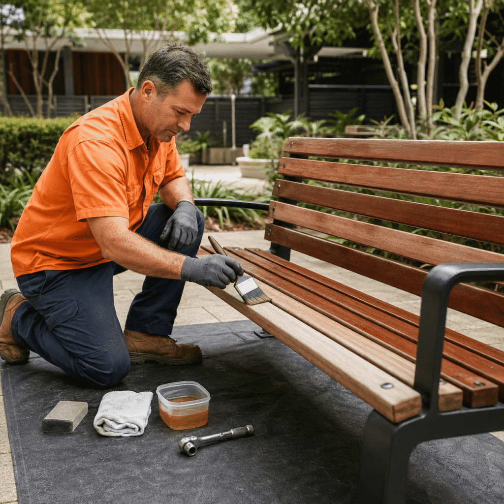 Maintenance worker restoring a timber outdoor bench in a Brisbane property courtyard