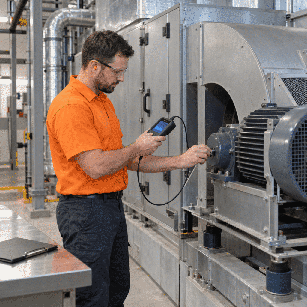 Maintenance auditor in an orange shirt using vibration-monitoring equipment on a commercial air-handling unit.