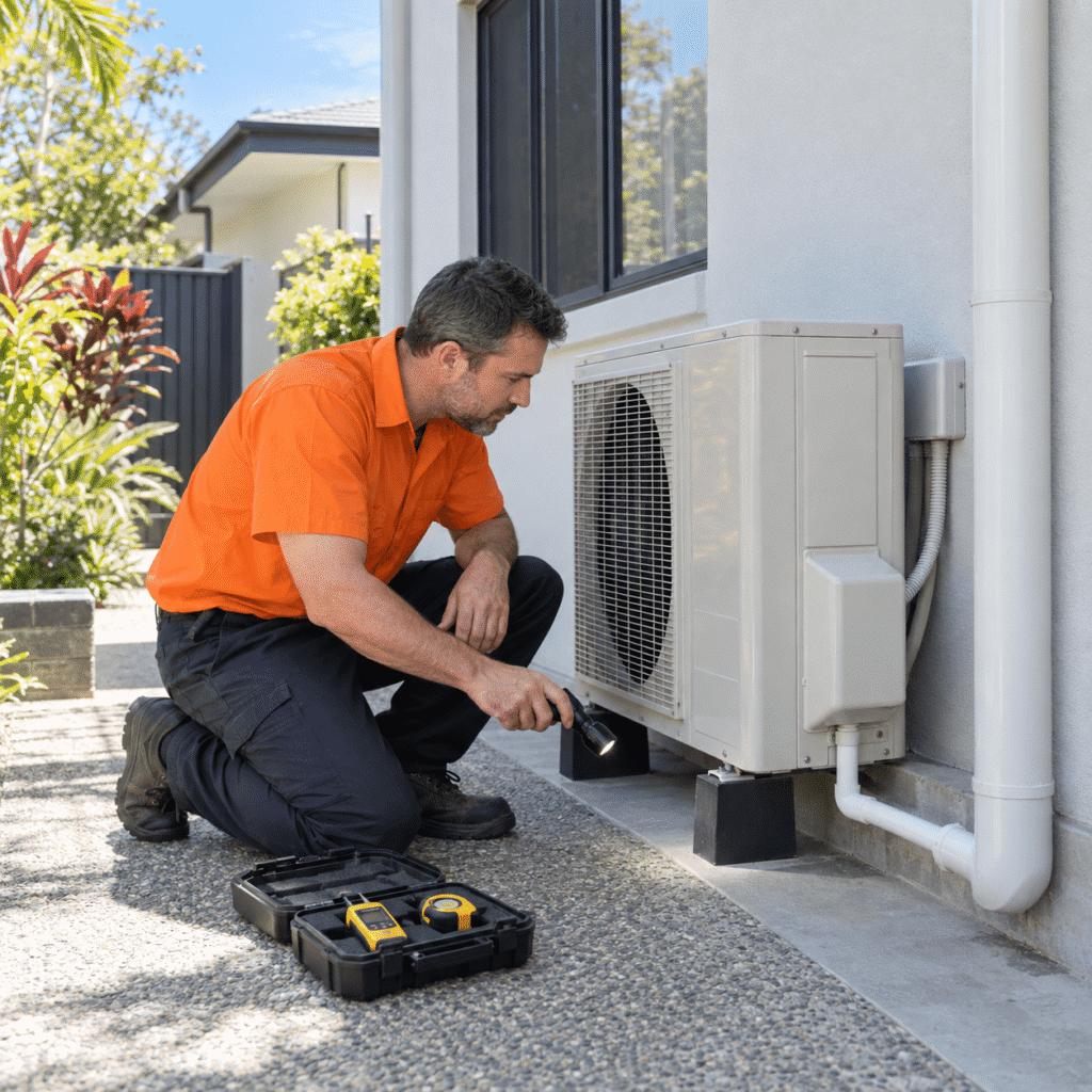 Maintenance professional inspecting an outdoor air-conditioning unit at a Brisbane property