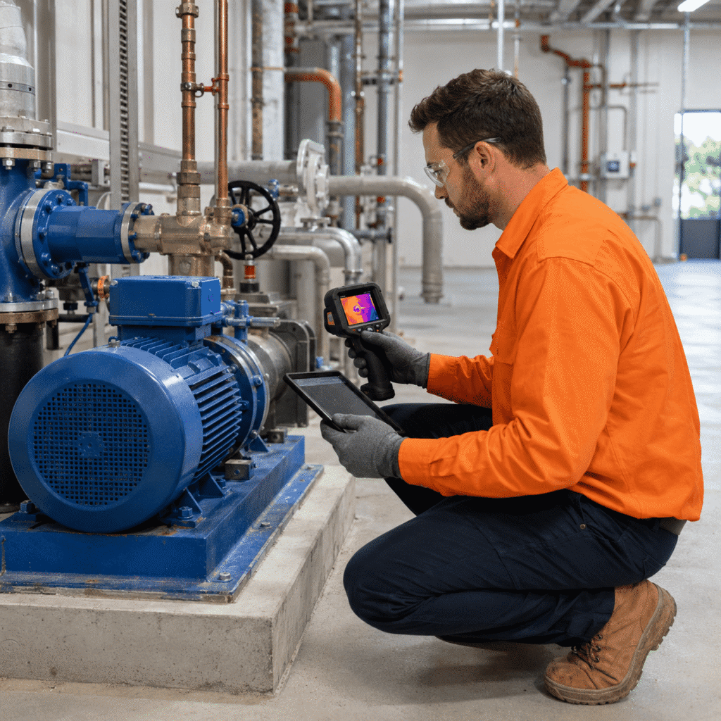 Maintenance inspector checking mechanical equipment during a preventive audit in a Brisbane building