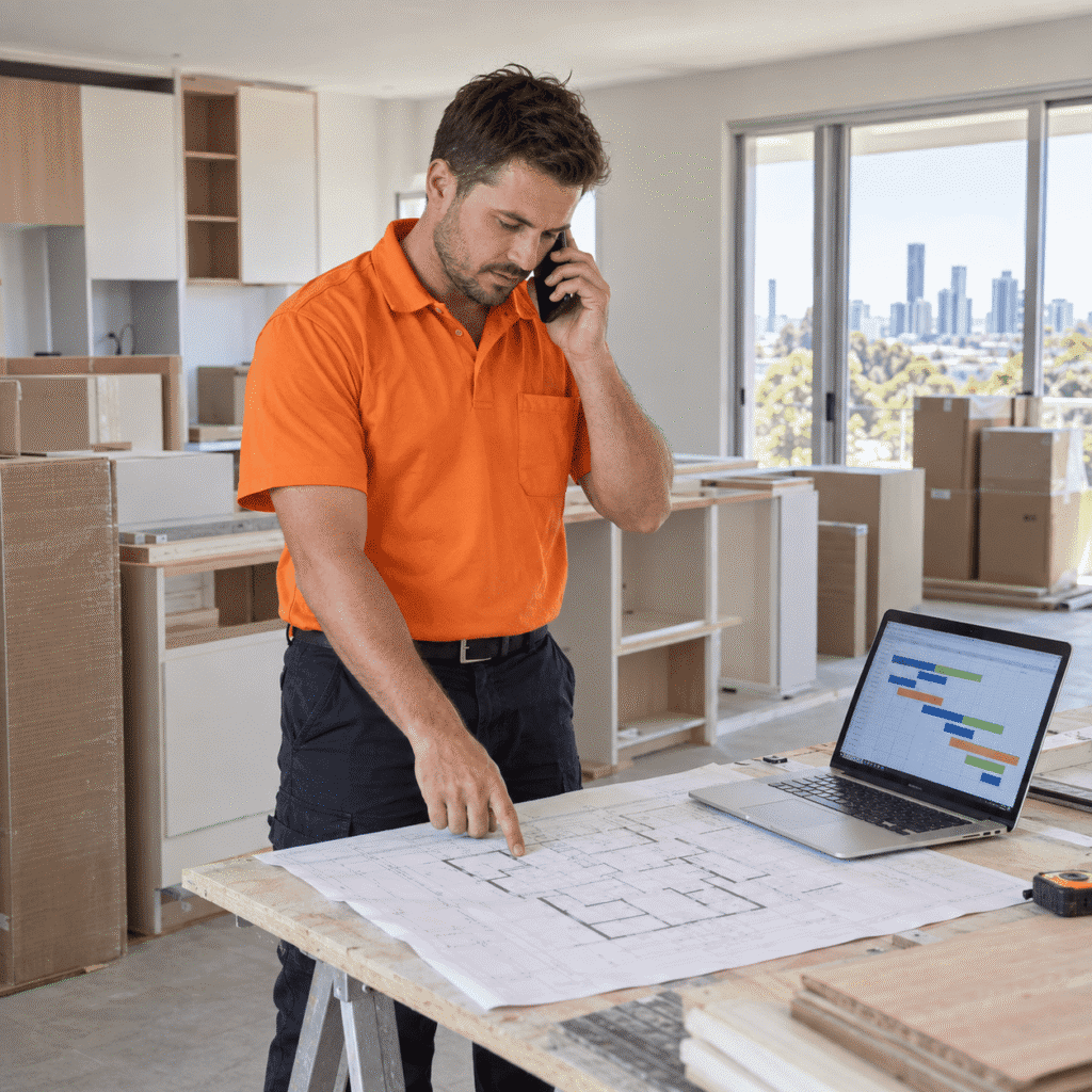 Project coordinator reviewing renovation plans and a work schedule while arranging contractors by phone