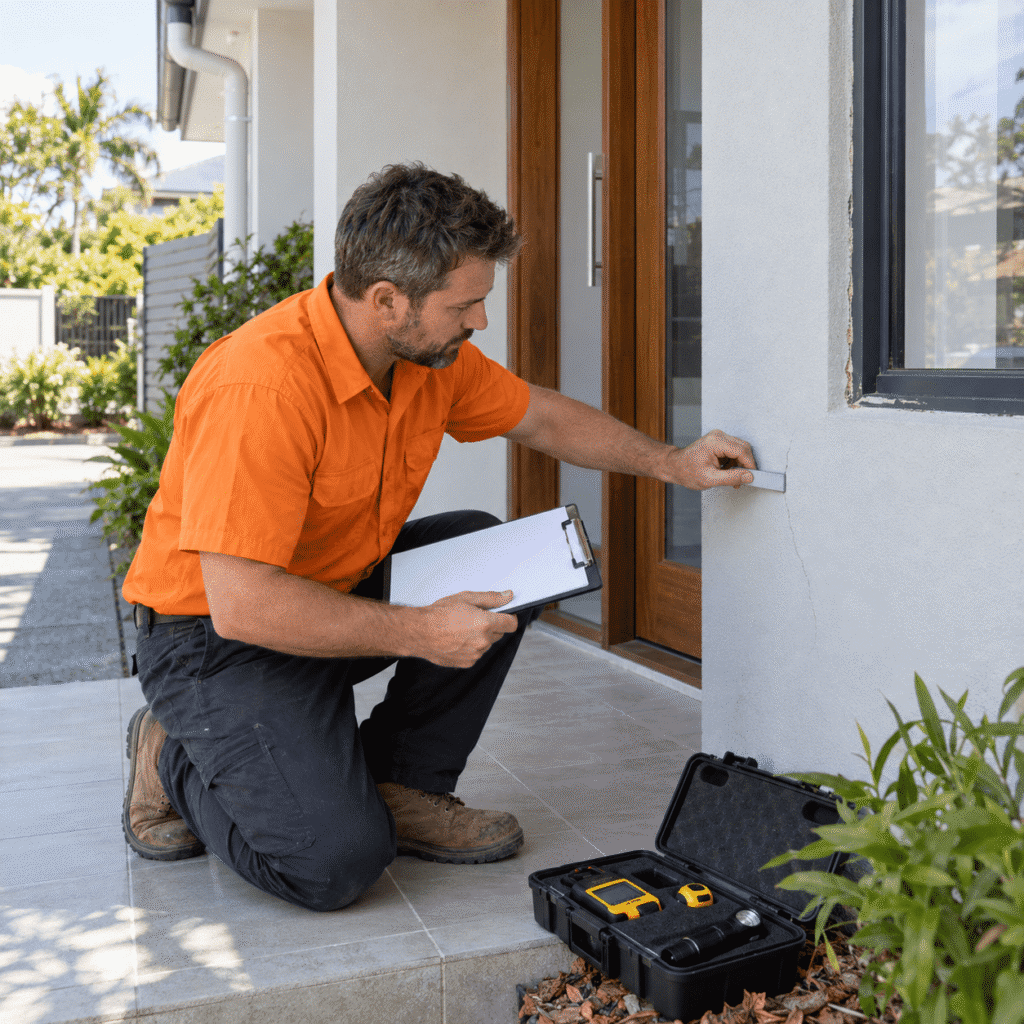 Building maintenance professional inspecting and documenting a wall crack at a Brisbane property