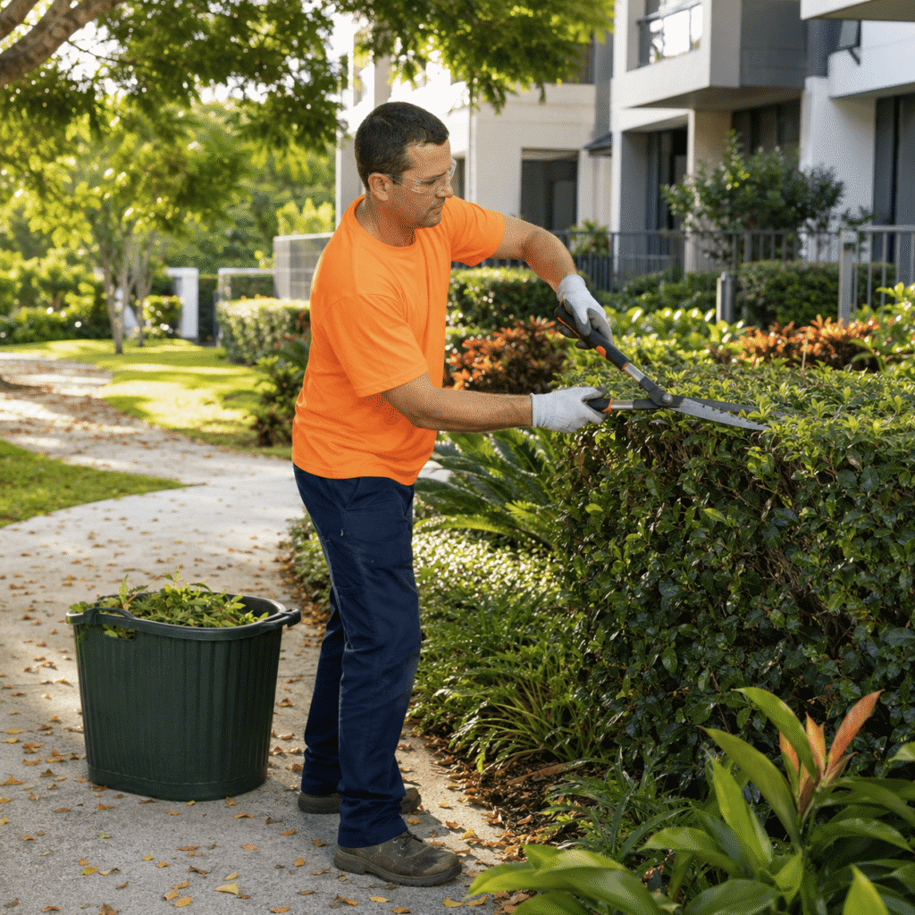 Grounds maintenance worker pruning a hedge during seasonal garden upkeep at a Brisbane property