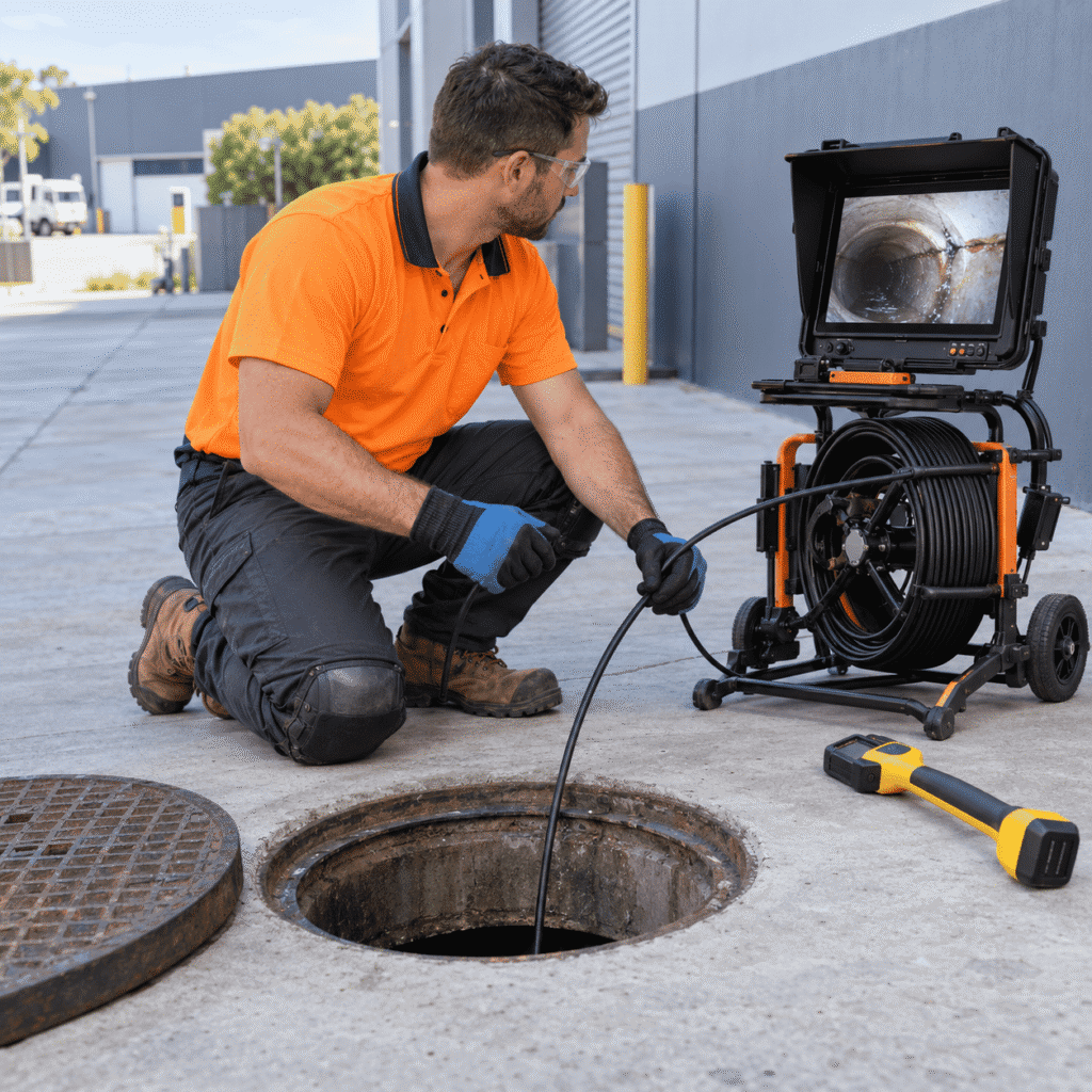 Technician using a CCTV camera to inspect a commercial sewer drain for leaks in Brisbane