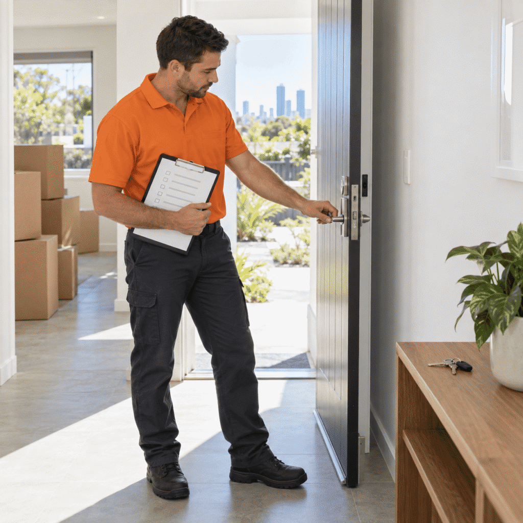 Property maintenance representative checking an entry door with a move-in checklist at a Brisbane rental home