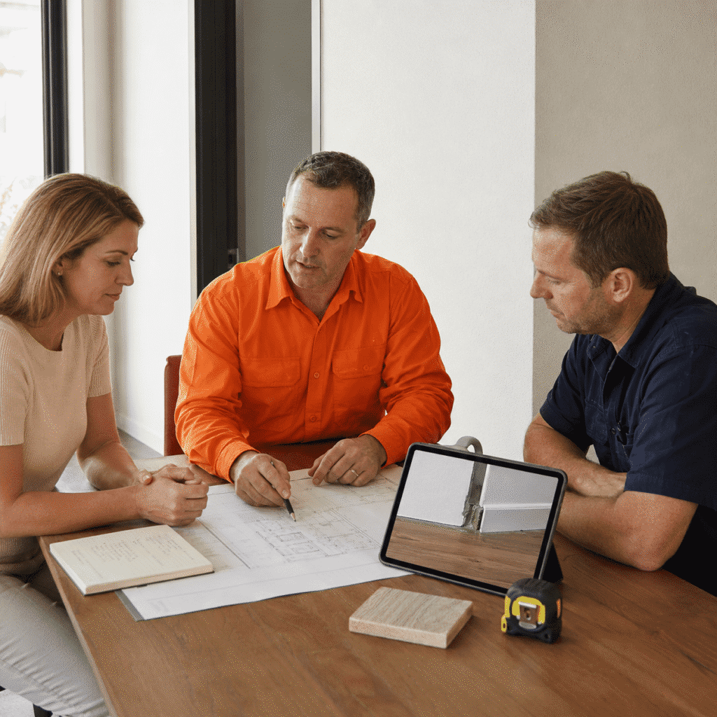 Building consultant reviewing plans and defect evidence with a property owner and contractor in Brisbane