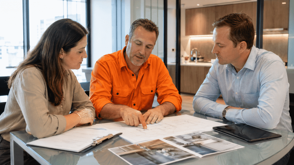SBBM consultant reviewing building plans during a commercial dispute resolution meeting in Brisbane.