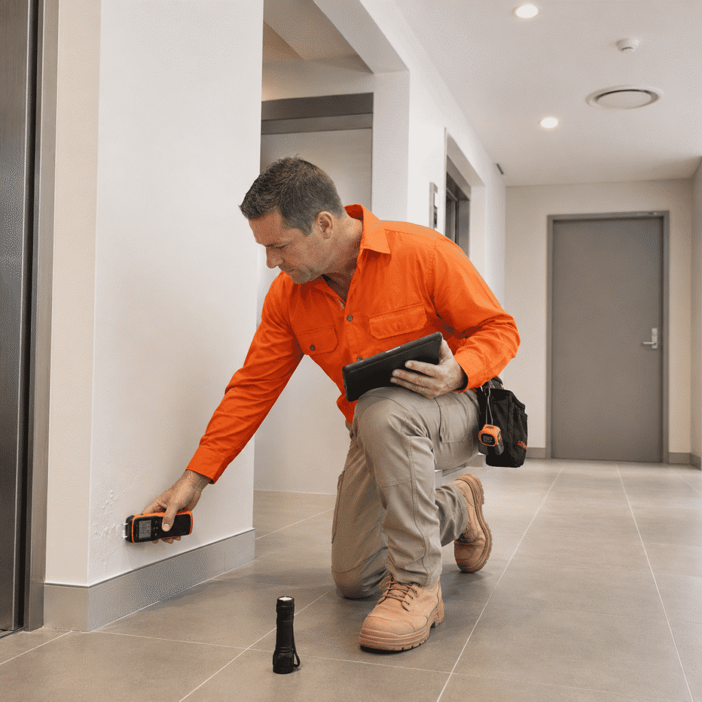 Maintenance inspector testing a wall and recording findings during a Brisbane property audit