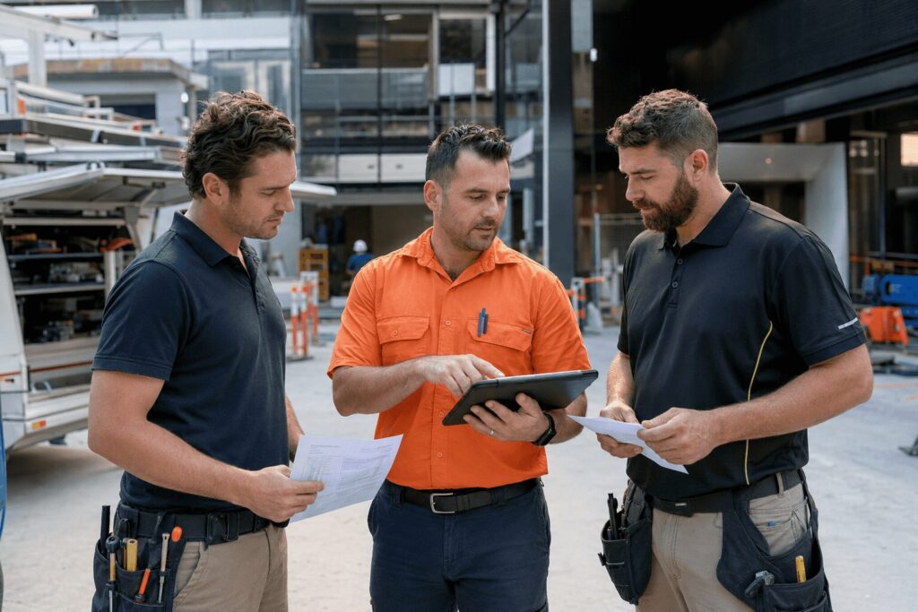 SBBM manager reviewing contractor qualifications with tradespeople at a Brisbane commercial worksite.