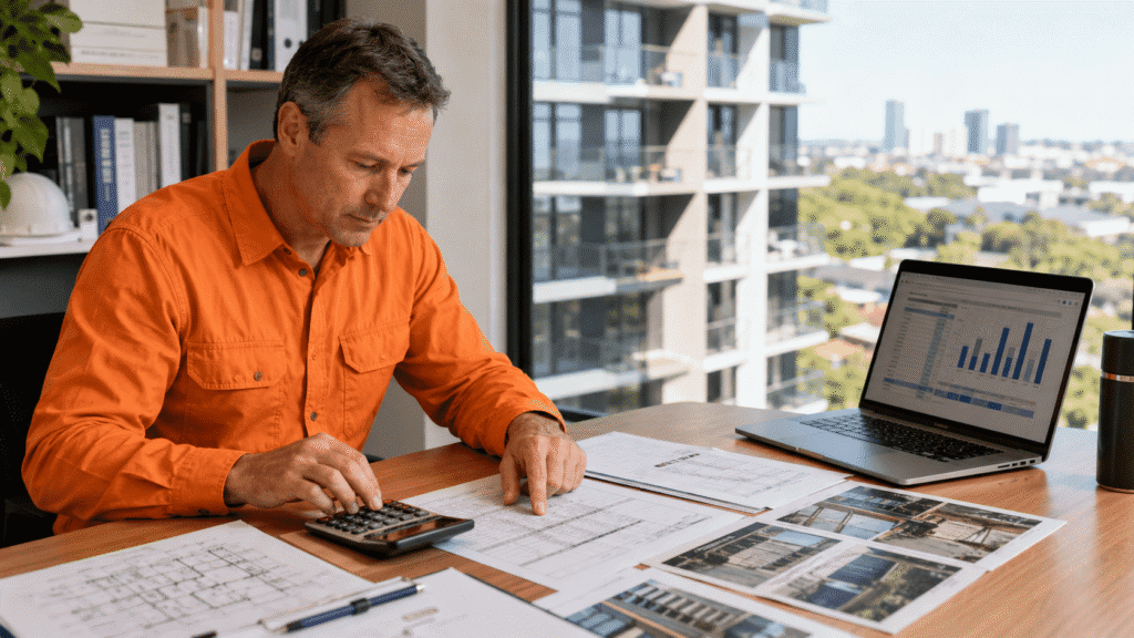 SBBM consultant reviewing property maintenance costs and repair priorities for a Brisbane commercial building.