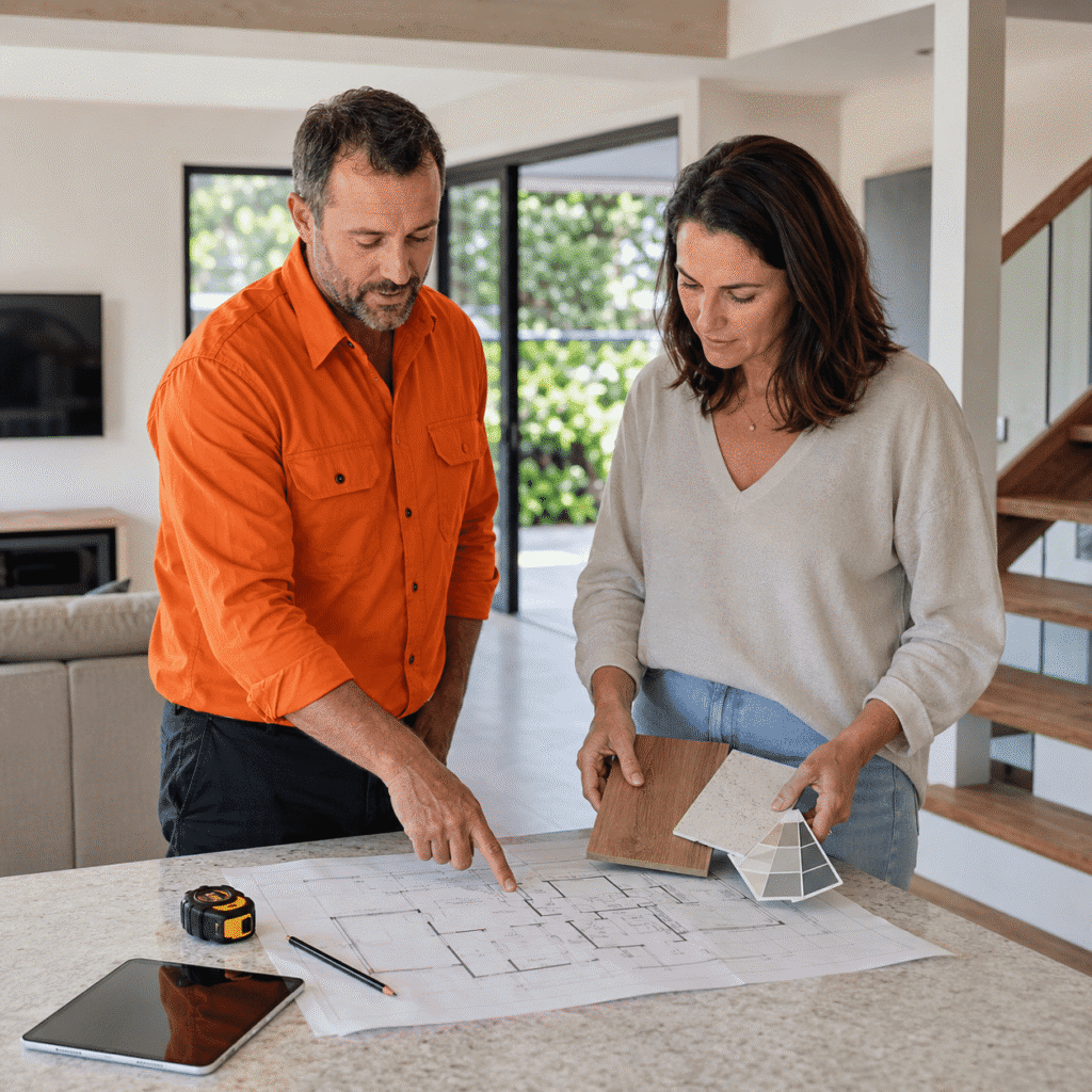 Building consultant reviewing renovation plans and material samples with a Brisbane homeowner