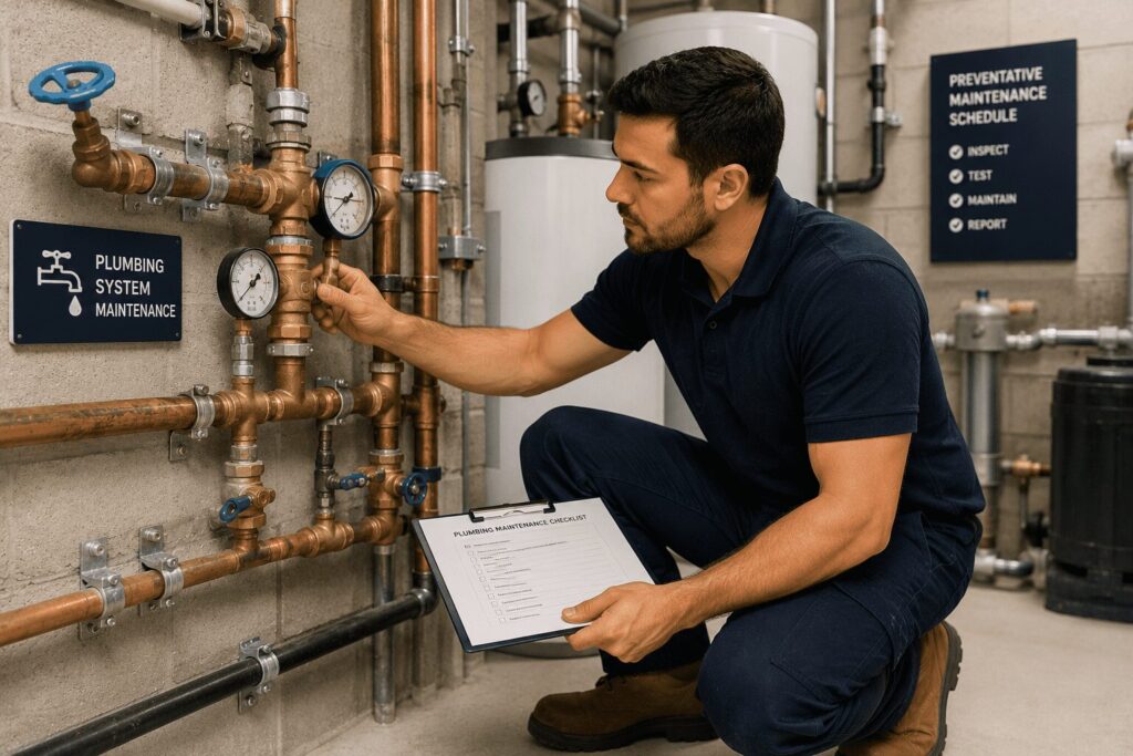 Commercial plumber inspecting and maintaining copper pipework and valves in an industrial plant room.