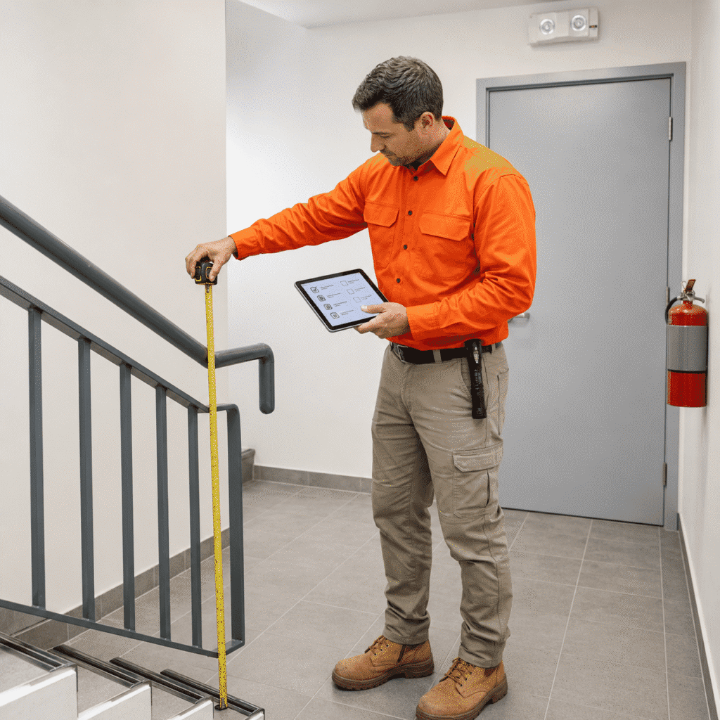 Building inspector completing a safety and compliance checklist in a Brisbane property stairwell