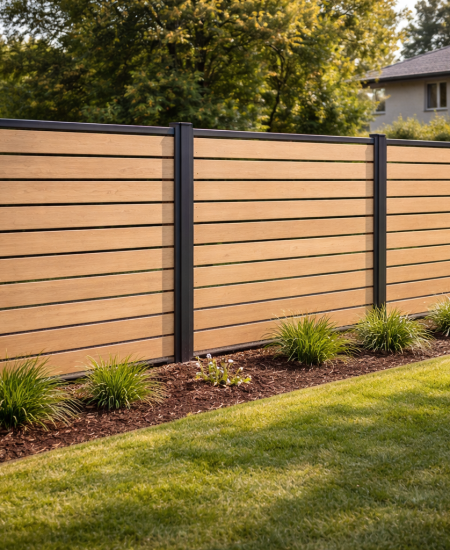 Modern slat fence by suburban home
